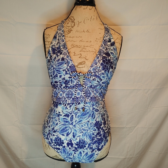 Azura Blue & White Floral Plunging Neckline Halter One-Piece Swimsuit Size 8 - Picture 1 of 13